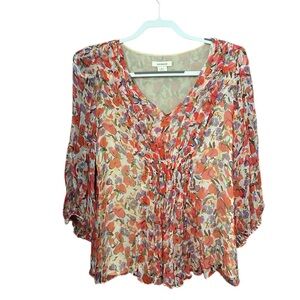 Sundance Floral V-Neck Sheer Blouse in Coral, Lavender, Green